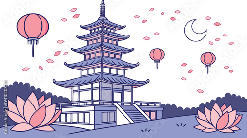 Pagoda temple with pink lanterns and lotus flowers Asian architecture