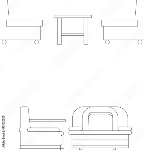 Technical vector drawings of building floor plans, high-rise elevations, office furniture, classical doors, and kitchen appliances.