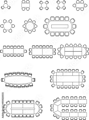 Technical vector drawings for architectural and interior design, featuring floor plans, building elevations, and furniture layouts