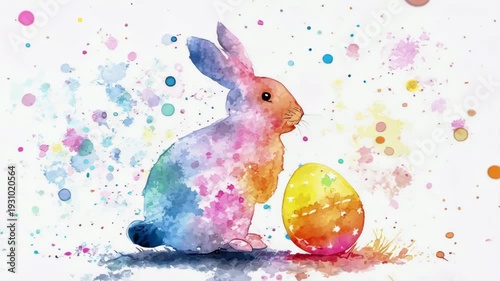 Colorful watercolor rabbit with easter egg and splashes of paint