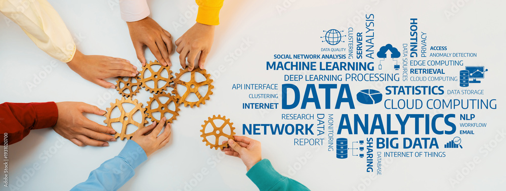 Obraz premium Hands gather around cogs, symbolizing teamwork in data analytics, showcasing the integration of machine learning and statistical analysis in modern business practices. Amity
