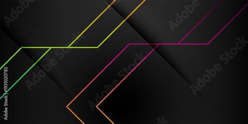 Dark Abstract Background with Neon Gradient Line Frame and Modern Geometric Shape. Suit for banner, web, brochure, pamflet and presentation