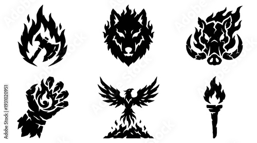 Bold Black Silhouette Collection Featuring Flame, Wolf, Boar, Avian, and Torch Designs in Graphic Style, Arranged in Two Rows for Contrast