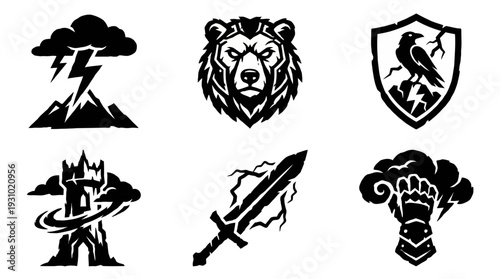 Dynamic display of six bold black-and-white emblem icons featuring mountain, bear, shield, crown and sword on a clean white backdrop, viewed frontally