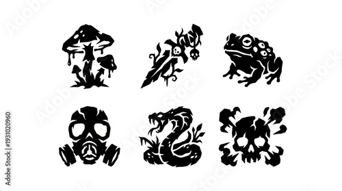 Arranged black silhouettes of mushroom, scorpion, frog, snake and skull on white background, viewed straight on as graphic design element