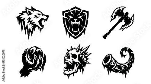 Black and White Graphic Featuring Wolf Head, Shield with Snarling Face, Battle-Axe, Lion Head, Skull, and Horn Arranged in Two Rows with Top Slightly Offset