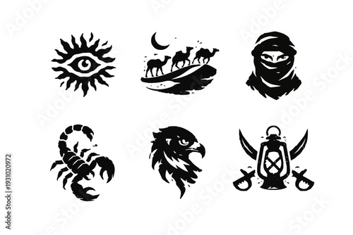 Close‑up view of six symbolic black silhouettes arranged in two rows, featuring eye, moon, scorpion, bird, and lantern motifs on stark white backdrop