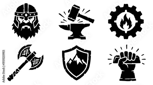 Dynamic medieval icon set featuring bearded helmet, striking anvil, fiery gear, Celtic axe, and mountain shield displayed in bold black on white