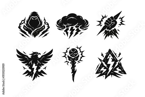 View of six black‑and‑white images in two rows, showing a hooded figure, lightning cloud, dagger heart, wings, rose, and lightning‑etched letter
