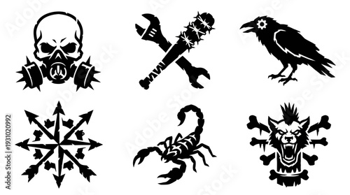 Graphic illustration set showing skull gas mask, crossed wrench screwdriver, crow, snowflake design, scorpion and mohawk skull in black‑white style