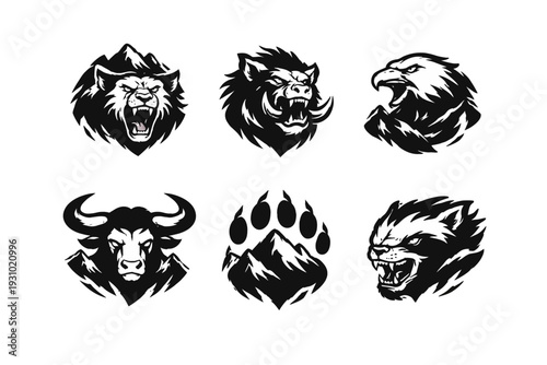 Bold black-and-white graphic collage of lion, bear, eagle, bull, paw print and wolf heads on white canvas, viewed frontally