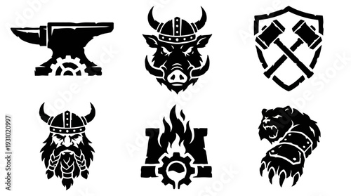 Close‑up view of six bold black‑line industrial icons featuring anvil, shield, gear, bear and sword motifs arranged in two rows on a plain backdrop