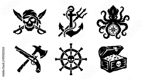 Viewing a black‑and‑white illustration of skull, anchor, octopus, axe, and wheel icons arranged on a plain surface from a straight‑on view