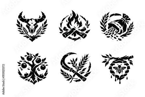 Viewing six bold black-and-white logo icons arranged in two rows on a plain white backdrop, highlighting horns, flame, wave, floral, and tiger motifs