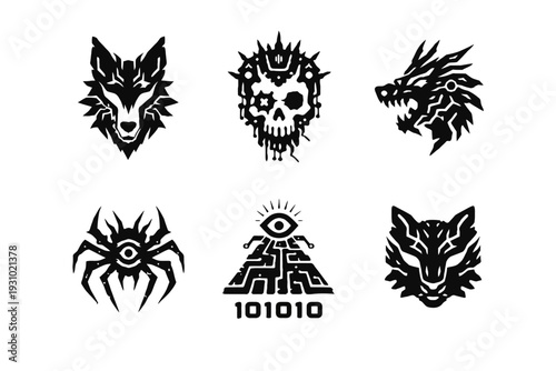 Viewing black and white animal illustrations arranged in two rows of three, featuring wolf, skull, bird, spider, pyramid, and fox heads