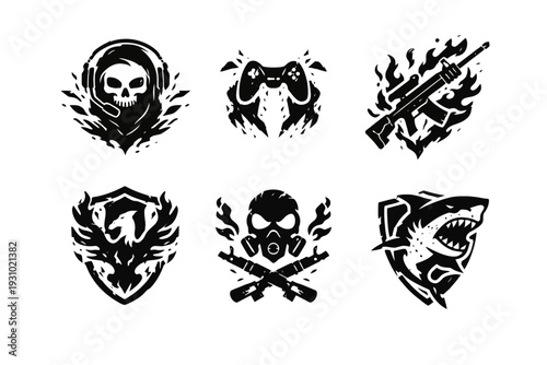 Displaying six bold black-and-white graphic designs of skull, sword, rifle, shield and flame symbols on backdrop, viewed straight-on in contrast