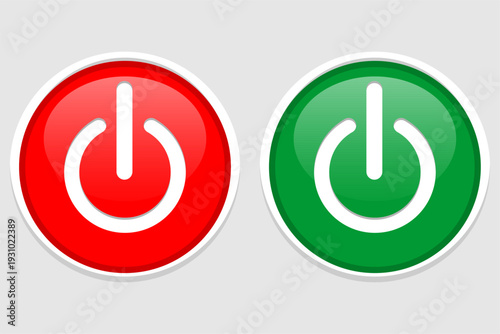 Power button vector icon set, red and green glossy circular on off switches, minimalist web UI design elements for technology and software interface isolated on white background.