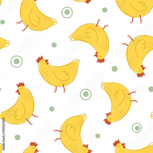 Cute yellow hens seamless pattern on isolated background. Vector illustration of a domestic fowl. Design in a playful children's style