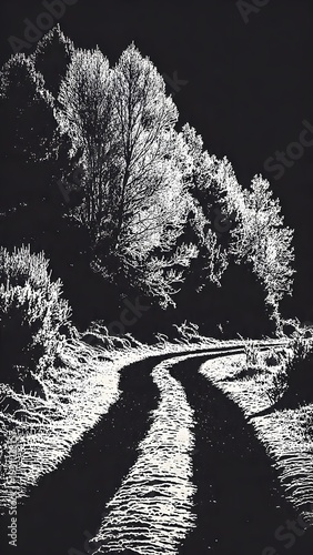 A winding path covered in frost leads through a dark forest of snow-covered trees, creating a stark and beautiful winter landscape in black and white tones.