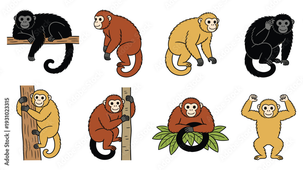 Fototapeta premium Various primate species in different poses and activities, illustrations of monkeys in diverse environments and actions, showcasing global primate elements.
