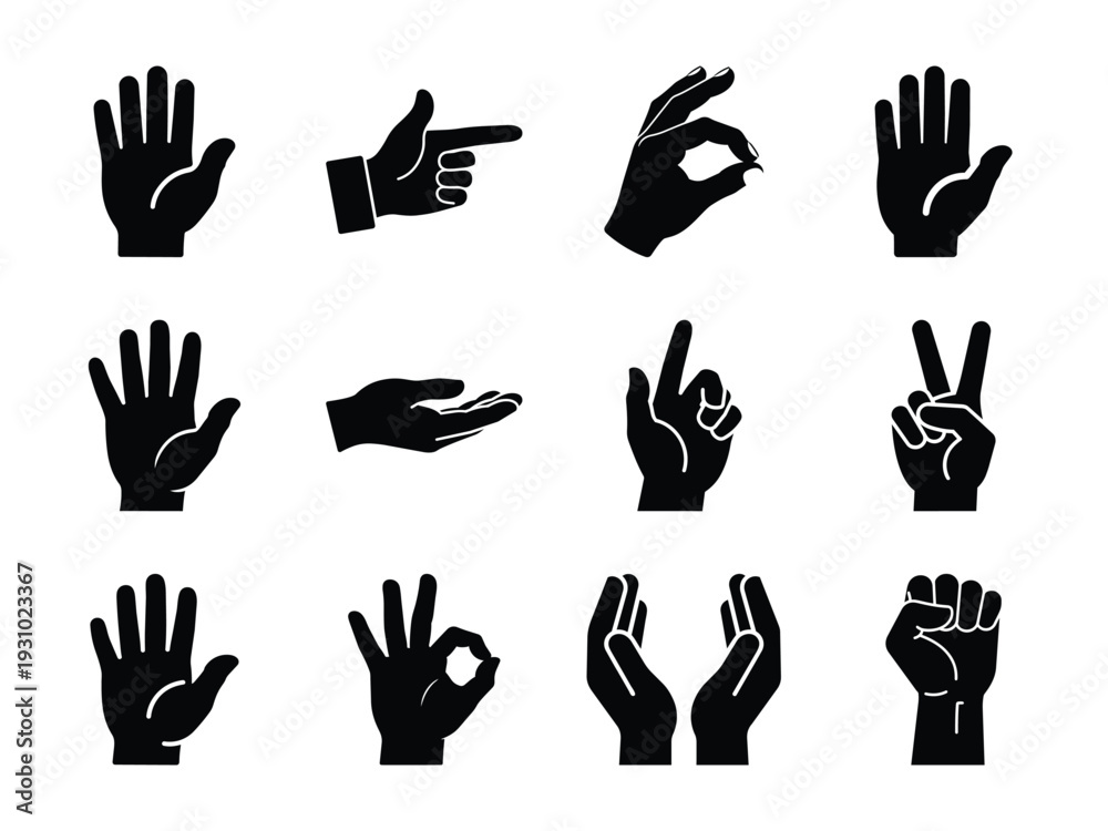 Obraz premium set of hand gestures, Collection of diverse hand gestures and poses icons representing communication and actions. Vector