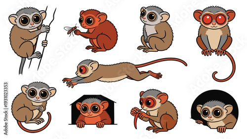 Various primate species illustrated in different poses and activities showcasing diverse monkey behaviors