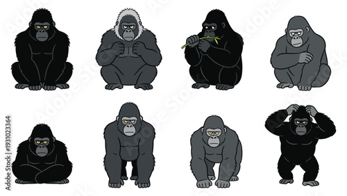 Global primate species element pack illustration of monkeys in various poses and activities