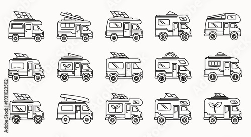 Collection of outline vector icons depicting various campervans and RVs, many featuring solar panels for sustainable travel and eco-friendly road trips and adventures.