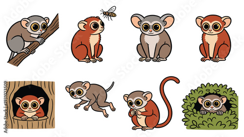 Primate species pack illustration featuring monkeys in various poses and activities within natural environments from different viewpoints