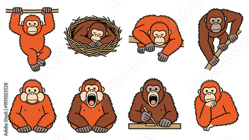 Primate species in various poses and activities, showcasing diverse monkey behaviors and emotions in a versatile element pack