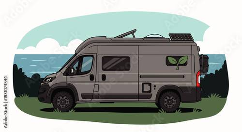 Eco-friendly camper van with solar panels parked in nature, ready for sustainable adventure and van life travel. Modern RV illustration.