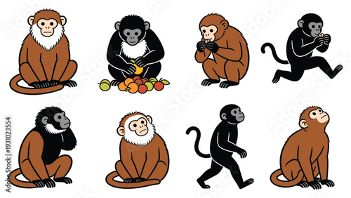 Global Primate Species Element Pack monkeys in various poses and activities, showcasing diverse primate behavior and species