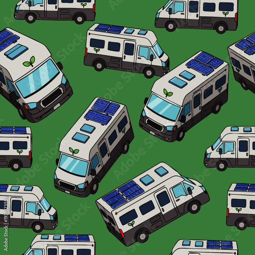 Seamless pattern of eco-friendly camper vans with solar panels on a green background, representing sustainable travel and outdoor adventure.