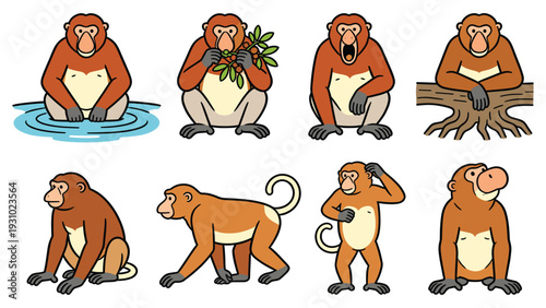 Various primate species element pack showcasing monkeys in different poses and activities in a clean white background from multiple viewpoints