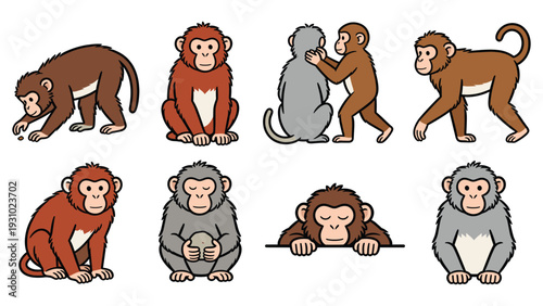 Diverse primates engaging in various activities and poses in a unique element pack
