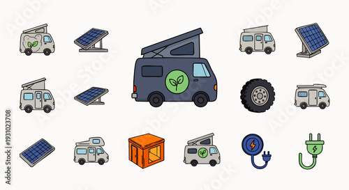Eco-friendly camper van and solar panel icons set, representing sustainable travel, green energy, and outdoor adventure lifestyle with RVs.