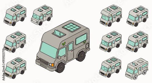 Collection of isometric vector camper vans with solar panels, ideal for eco-friendly travel, road trips, and outdoor adventure concepts.