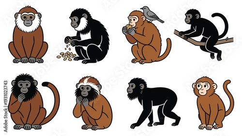 Various primate species illustrations showcasing diverse poses and activities in a digital pack
