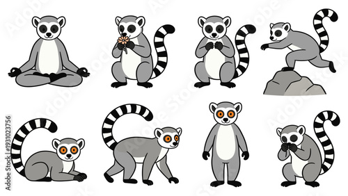 Various primate species in different poses and activities, showcasing diverse monkey behaviors and interactions in a digital illustration