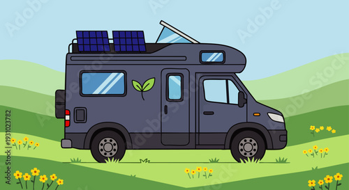 Eco-friendly camper van with solar panels parked in a vibrant green natural landscape, symbolizing sustainable travel and outdoor adventure.