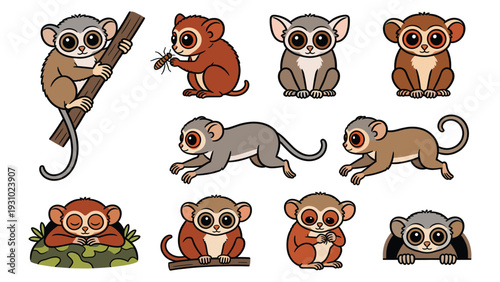 Various primate species illustrated in different poses and activities showcasing diverse monkey behaviors
