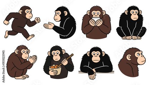 Collection of monkeys in various poses and activities, showcasing primate behavior and different actions in a digital illustration.