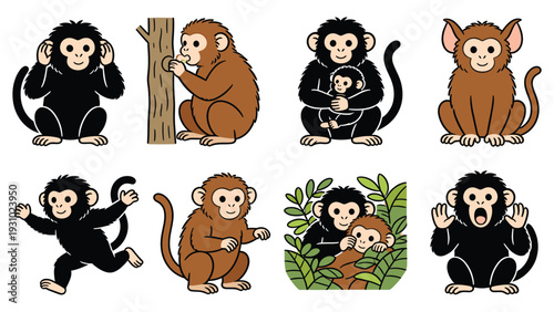 Various primate species and monkeys in different poses and activities, presented in a species element pack.