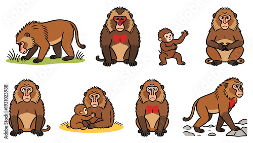 Various monkeys pose and activity in diverse settings, showcasing primate species element pack illustrations.