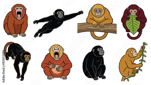 Diverse primate species in various poses and activities in a natural environment with monkeys