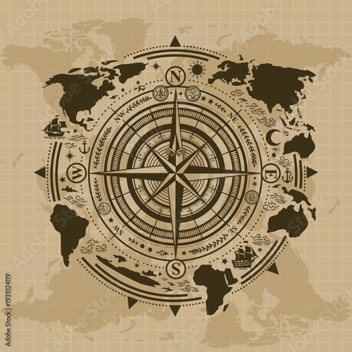 Vintage Compass with old world map Illustration . Wind Rose. . World nautical vintage star for mariners latitude and longitude navigation measurement equipment.  Eps10