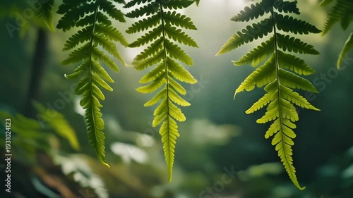Close-up aerial view of lush green fern leaves in forest, Slow motion video footage, 4k clip