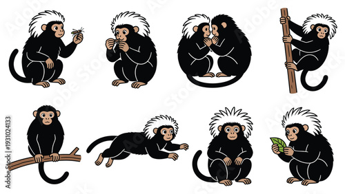 Various monkeys pose and activity in different scenarios set against a clean white background in an illustrative style