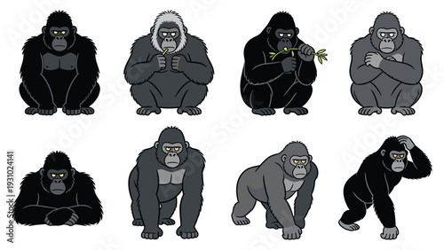Various primate species element pack monkeys posing and activity illustrations in a vector eps file