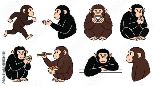 Monkeys engaging in various activities, showcasing primate species element pack with different poses and actions in a playful graphic illustration.